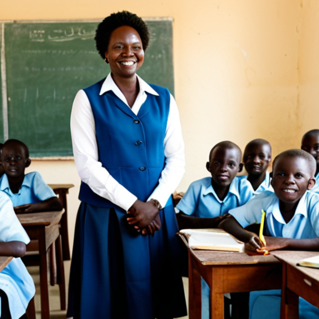 A group of South Sudanese children and a female teacher in a brightly lit, modest classroom. The children are attentively sitting at wooden desks, holding pens and notebooks, engaged in learning. The teacher, wearing professional and culturally appropriate attire, stands at the front, smiling kindly. The classroom walls are adorned with educational posters. The scene emphasizes hope and future. fully clothed, modest clothing, appropriate attire, professional dress, safe for work, appropriate content, perfect anatomy, correct proportions, natural pose, well-formed hands, proper finger count, natural body proportions, professional photography, high quality.