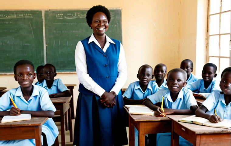 A group of South Sudanese children and a female teacher in a brightly lit, modest classroom. The children are attentively sitting at wooden desks, holding pens and notebooks, engaged in learning. The teacher, wearing professional and culturally appropriate attire, stands at the front, smiling kindly. The classroom walls are adorned with educational posters. The scene emphasizes hope and future. fully clothed, modest clothing, appropriate attire, professional dress, safe for work, appropriate content, perfect anatomy, correct proportions, natural pose, well-formed hands, proper finger count, natural body proportions, professional photography, high quality.