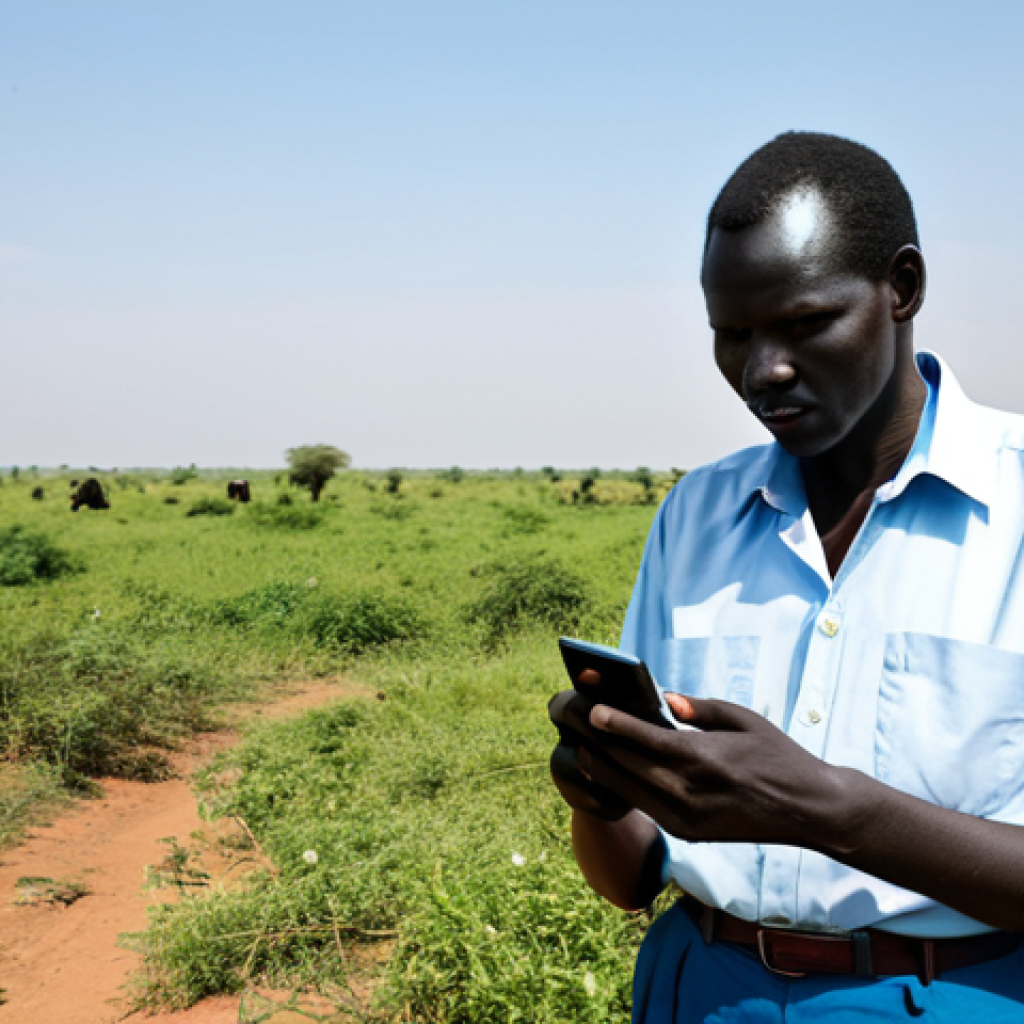 A resilient South Sudanese adult, fully clothed in practical, modest everyday attire, stands with perfect anatomy and natural proportions in a vast, sun-drenched rural landscape of South Sudan. The person holds a simple mobile phone, looking into the distance, their expression conveying determination. The natural pose and well-formed hands are evident. The expansive environment features sparse vegetation under a clear sky, highlighting the challenge of connectivity in remote areas. This is a high-resolution professional photograph, captured with natural lighting, depicting a realistic scene that is safe for work, appropriate content, fully clothed, and modest.