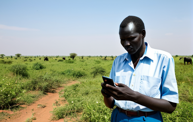 A resilient South Sudanese adult, fully clothed in practical, modest everyday attire, stands with perfect anatomy and natural proportions in a vast, sun-drenched rural landscape of South Sudan. The person holds a simple mobile phone, looking into the distance, their expression conveying determination. The natural pose and well-formed hands are evident. The expansive environment features sparse vegetation under a clear sky, highlighting the challenge of connectivity in remote areas. This is a high-resolution professional photograph, captured with natural lighting, depicting a realistic scene that is safe for work, appropriate content, fully clothed, and modest.