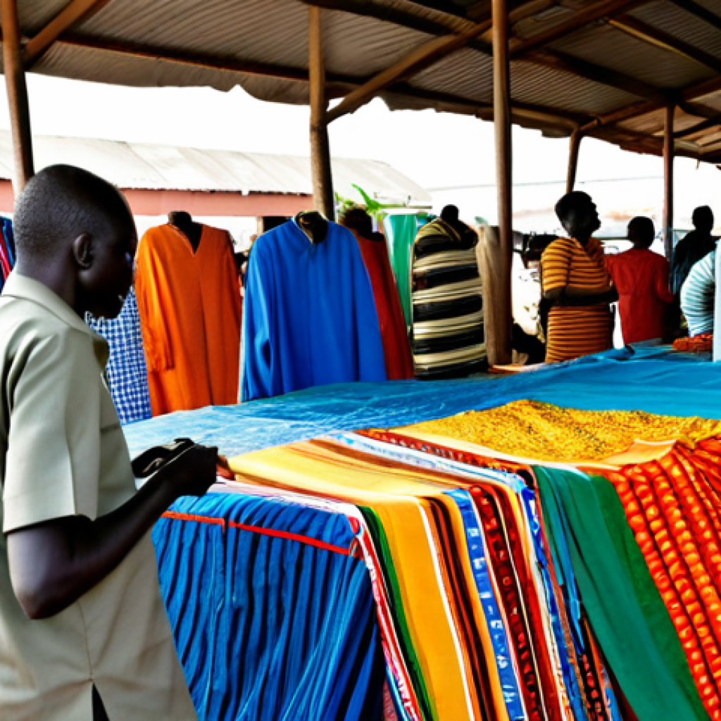 **
A bustling marketplace scene in Juba, South Sudan. Vendors are selling various goods, and customers are paying with South Sudanese Pounds (SSP). Focus on the colorful fabrics and diverse faces. Everyone is fully clothed in modest, everyday attire. Background includes market stalls and activity. Safe for work, appropriate content, family-friendly, professional photography, perfect anatomy, natural proportions, well-formed hands, proper finger count.
**