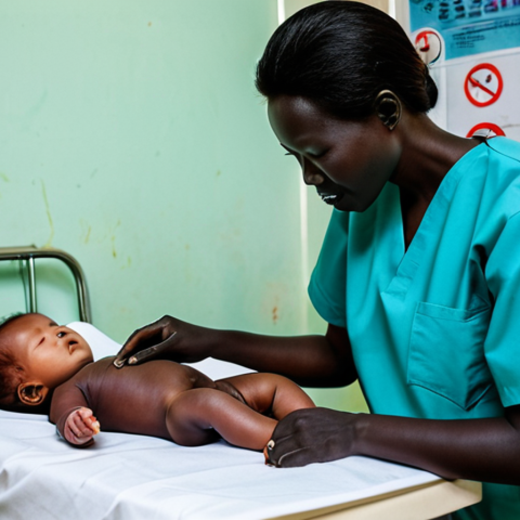 **Prompt:** A Korean doctor, fully clothed in scrubs, attending to a young South Sudanese mother and her newborn baby in a clean, modest clinic. Focus on the compassionate interaction. Background: simple medical equipment, and posters promoting child health. Safe for work, appropriate content, perfect anatomy, natural proportions, professional, modest, family-friendly.