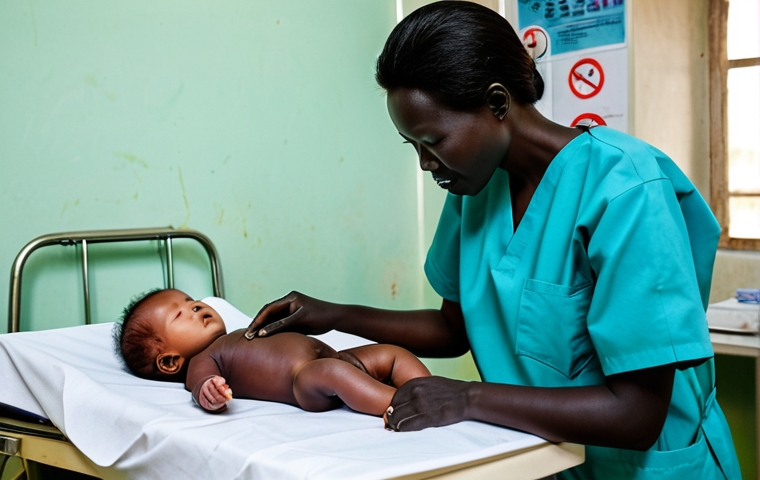 **Prompt:** A Korean doctor, fully clothed in scrubs, attending to a young South Sudanese mother and her newborn baby in a clean, modest clinic. Focus on the compassionate interaction. Background: simple medical equipment, and posters promoting child health. Safe for work, appropriate content, perfect anatomy, natural proportions, professional, modest, family-friendly.