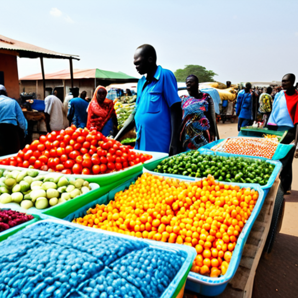 "A bustling marketplace in Juba, South Sudan. Vendors are selling colorful textiles and fresh produce. People are dressed in vibrant, modest clothing. In the background, a UN peacekeeping vehicle drives by. Bright daylight, realistic, safe for work, appropriate content, fully clothed, professional photography, perfect anatomy, natural proportions, family-friendly."