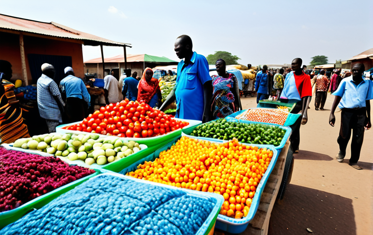 "A bustling marketplace in Juba, South Sudan. Vendors are selling colorful textiles and fresh produce. People are dressed in vibrant, modest clothing. In the background, a UN peacekeeping vehicle drives by. Bright daylight, realistic, safe for work, appropriate content, fully clothed, professional photography, perfect anatomy, natural proportions, family-friendly."