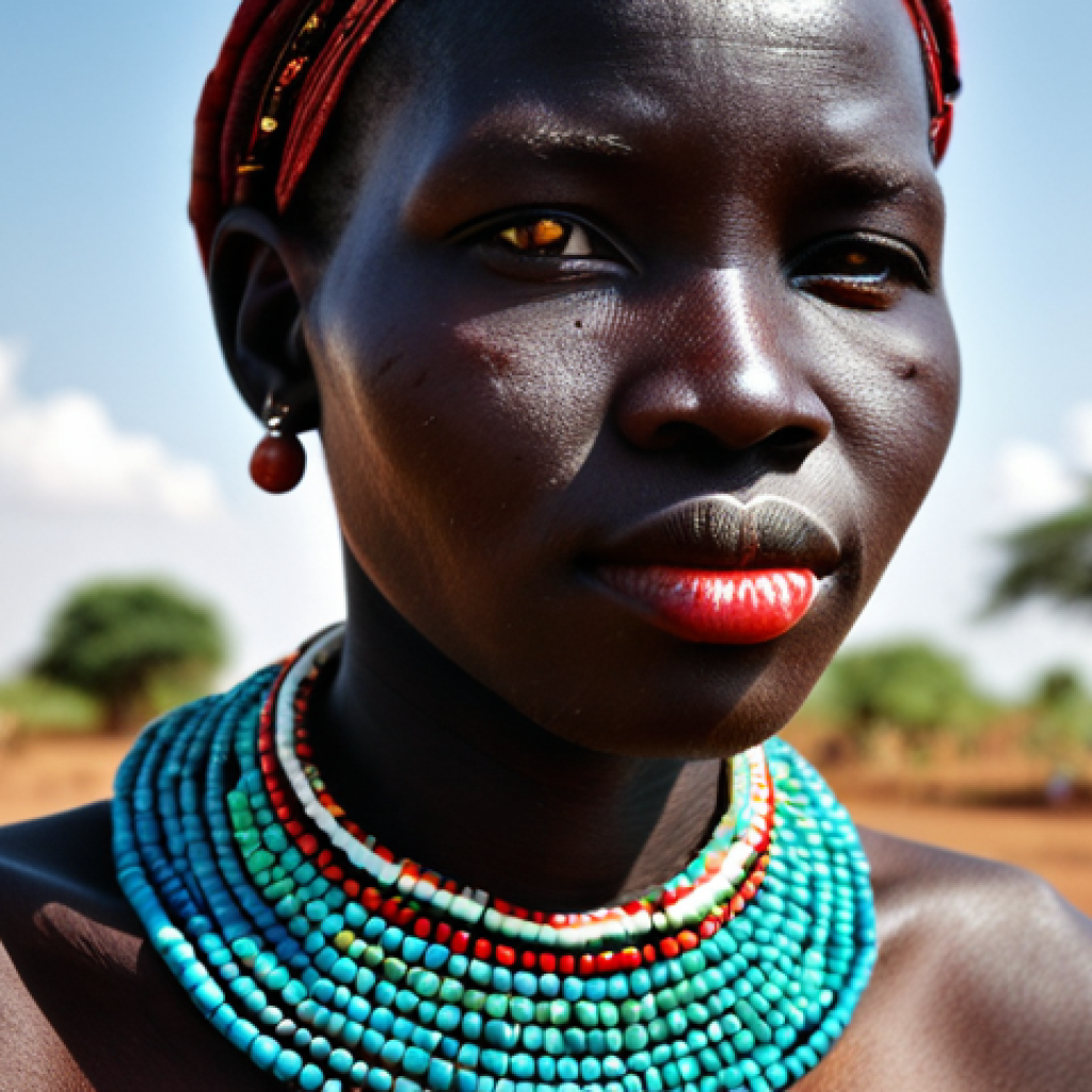 남수단의 공예품 및 기념품 - **Vibrant Beadwork Narratives:** A close-up, eye-level shot of a dignified South Sudanese woman, per...