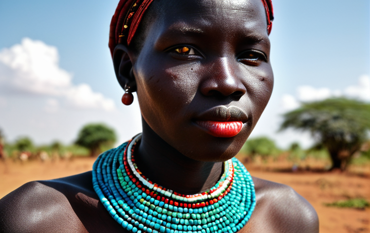 남수단의 공예품 및 기념품 - **Vibrant Beadwork Narratives:** A close-up, eye-level shot of a dignified South Sudanese woman, per...