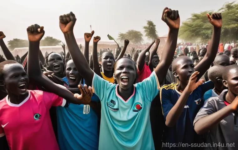 남수단 스포츠와 축구 - **Title: A Roar of Unity: South Sudanese Football Fans Celebrating**
**Prompt:** An electrifying...