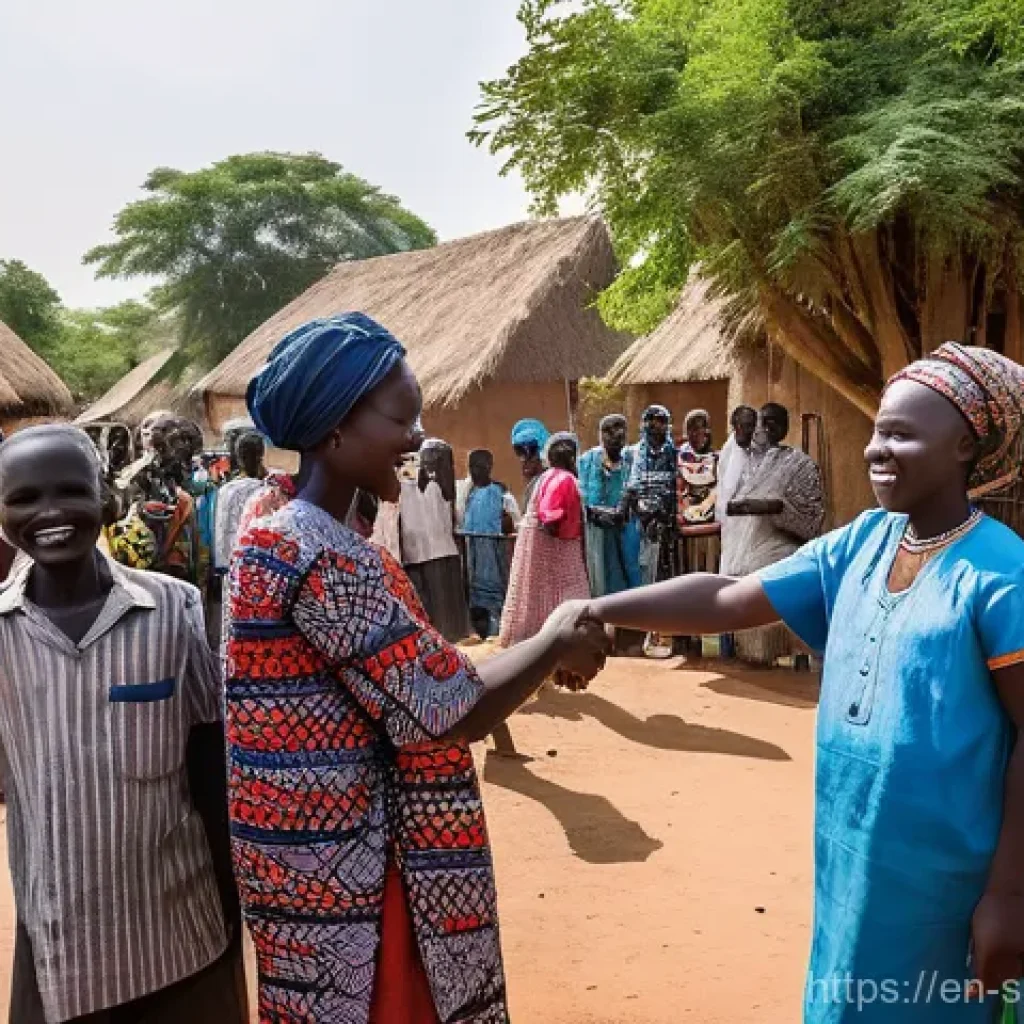 남수단의 미래 전망 - **"A vibrant and hopeful scene in a South Sudanese village square, bustling with diverse community m...