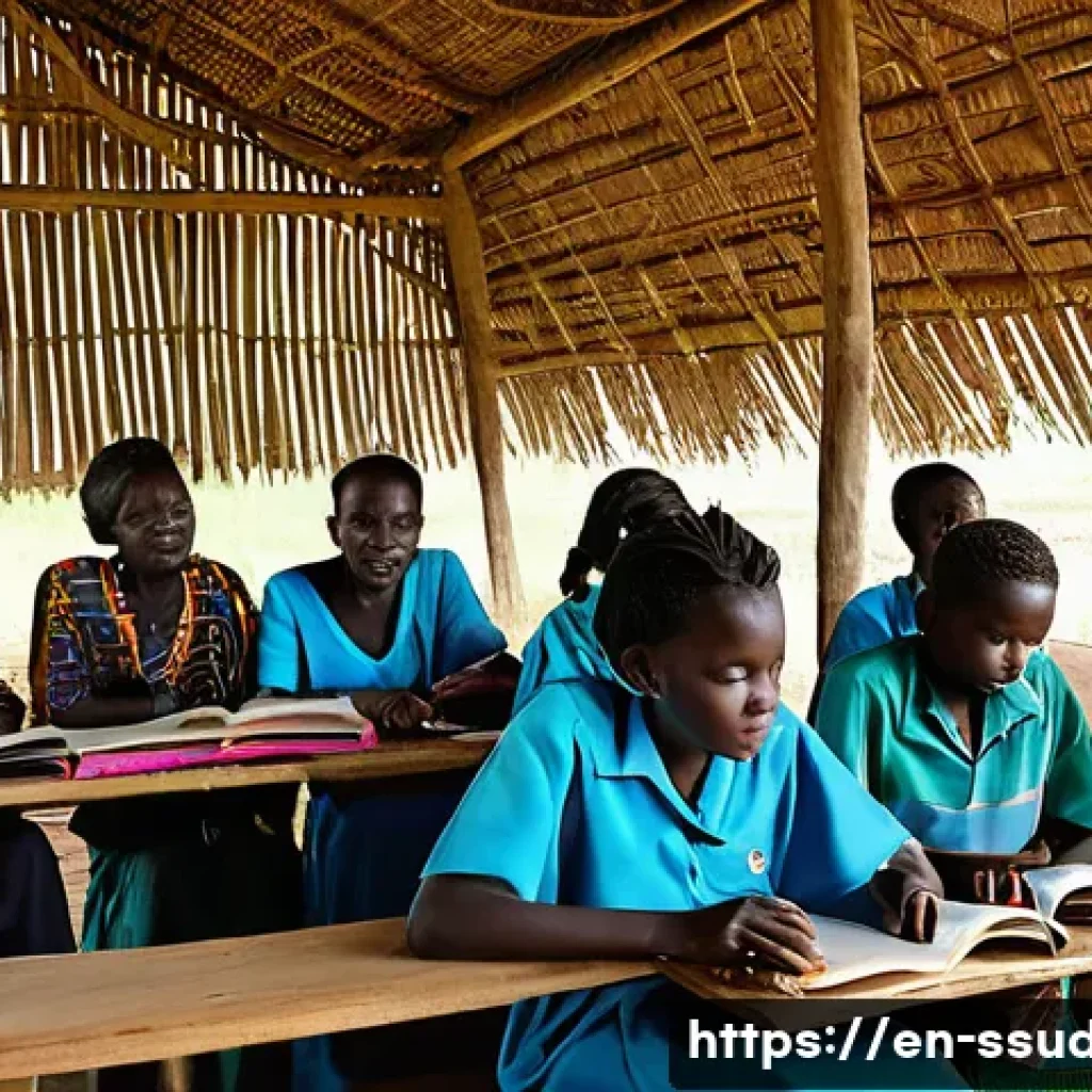 남수단 대학 및 고등 교육 - A vibrant scene of a rural community learning center in South Sudan, showing diverse young adult stu...