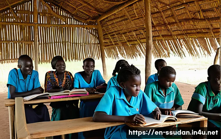 남수단 대학 및 고등 교육 - A vibrant scene of a rural community learning center in South Sudan, showing diverse young adult stu...