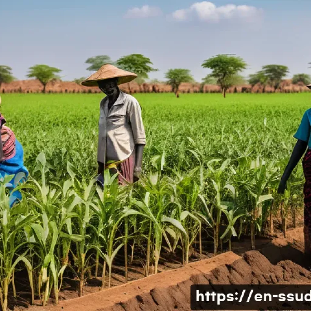 남수단의 농업 개혁 프로그램 - A vibrant rural South Sudanese farm scene showcasing a group of diverse smallholder farmers, includi...