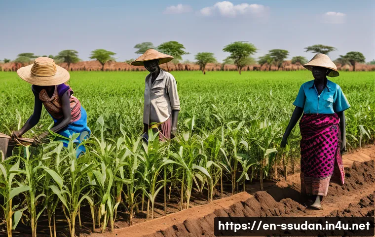 남수단의 농업 개혁 프로그램 - A vibrant rural South Sudanese farm scene showcasing a group of diverse smallholder farmers, includi...