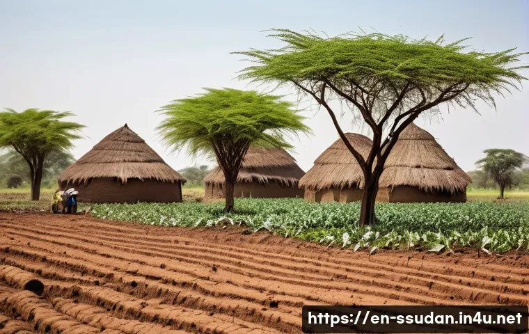 남수단에서 일어나는 자연재해 - A detailed scene of South Sudanese farmers working in a dry, cracked field under a bright sun, plant...