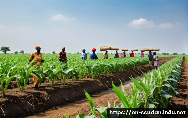 남수단 투자 기회 - A vibrant South Sudanese agricultural scene showing a diverse group of farmers—men and women dressed...