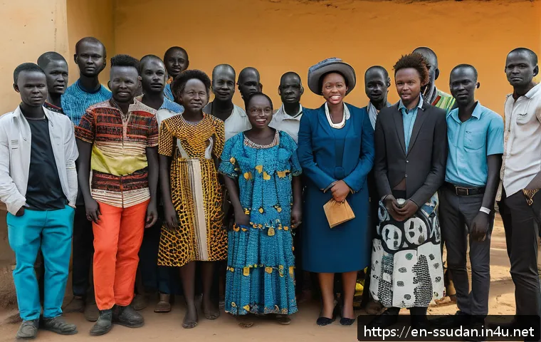 남수단 주요 정당 - A detailed scene showing a diverse group of South Sudanese youth activists and entrepreneurs gathere...