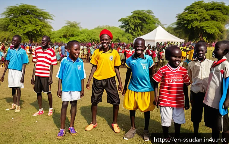 남수단에서 열리는 스포츠 대회 - A vibrant outdoor sports festival scene in South Sudan featuring a diverse group of young athletes w...