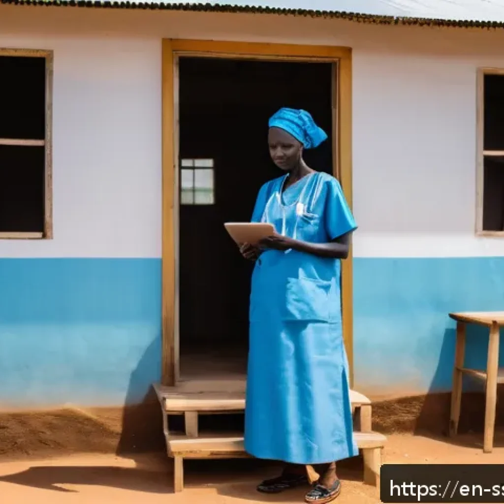 남수단의 현대식 병원 시설 - A modern rural healthcare clinic in South Sudan featuring a nurse using a tablet computer to access ...