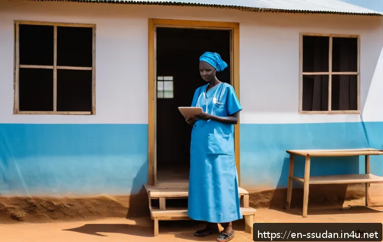 남수단의 현대식 병원 시설 - A modern rural healthcare clinic in South Sudan featuring a nurse using a tablet computer to access ...