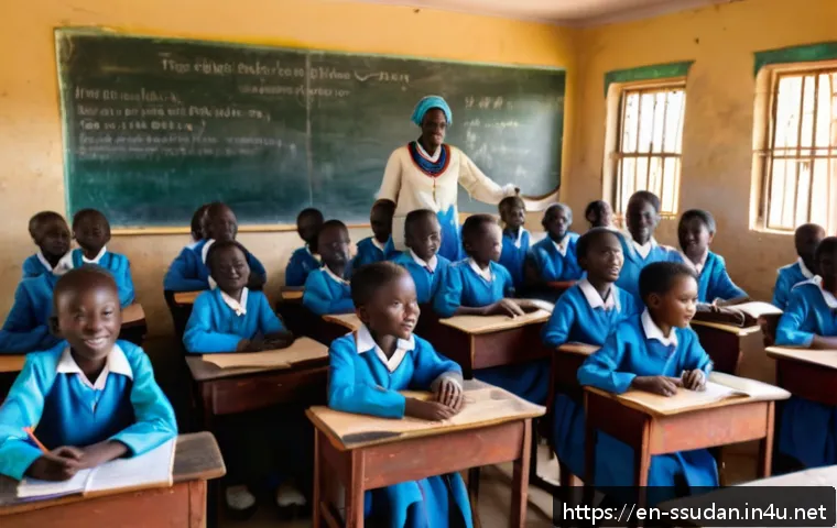 남수단 재건 프로젝트 - A vibrant classroom scene in South Sudan with diverse children eagerly learning, girls wearing modes...
