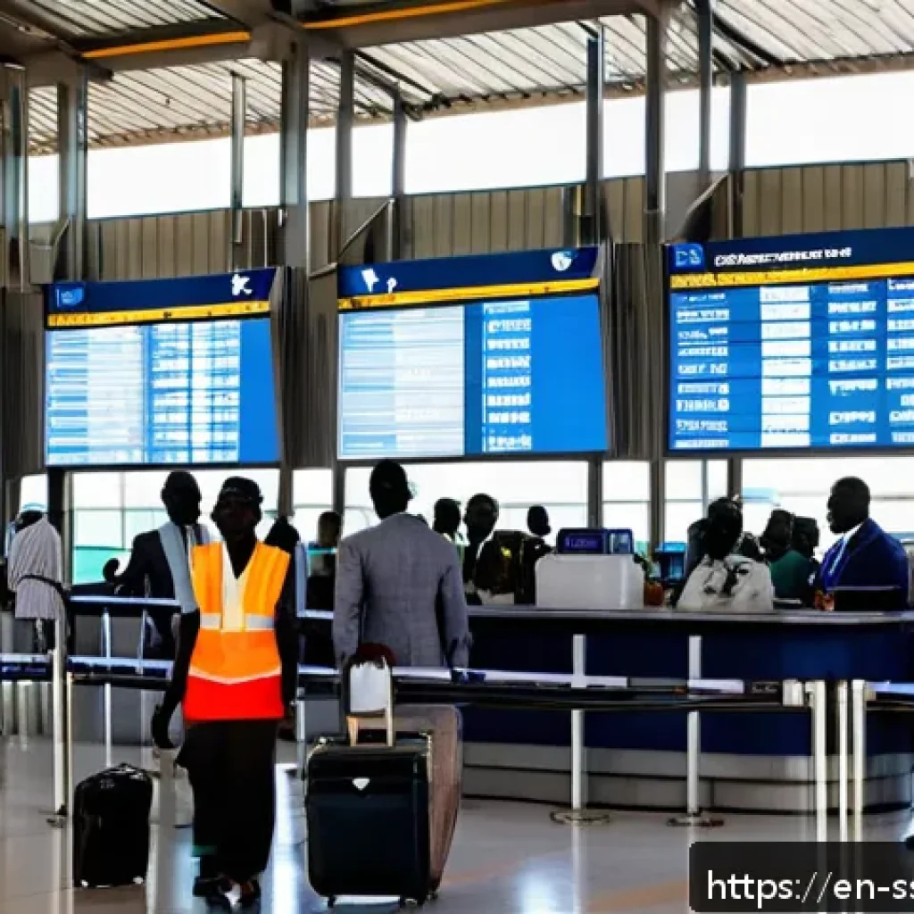 남수단 항공편 가격 - A detailed airport scene at Juba International Airport in South Sudan during daylight, showing a div...