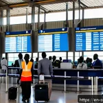 Home 22 남수단 항공편 가격 - A detailed airport scene at Juba International Airport in South Sudan during daylight, showing a div...