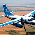 Home 21 남수단 교통편 정보 - A small twin-engine aircraft flying low over the vast South Sudanese landscape during the dry season...