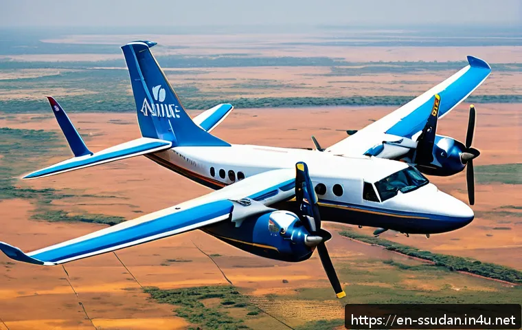 남수단 교통편 정보 - A small twin-engine aircraft flying low over the vast South Sudanese landscape during the dry season...