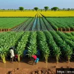 Home 20 남수단 경제 상황 - A vibrant South Sudanese rural farming scene showcasing small-scale irrigation systems in use: farme...