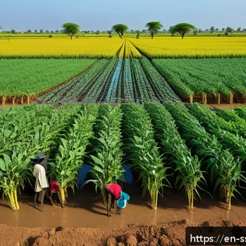 Home 32 남수단 경제 상황 - A vibrant South Sudanese rural farming scene showcasing small-scale irrigation systems in use: farme...