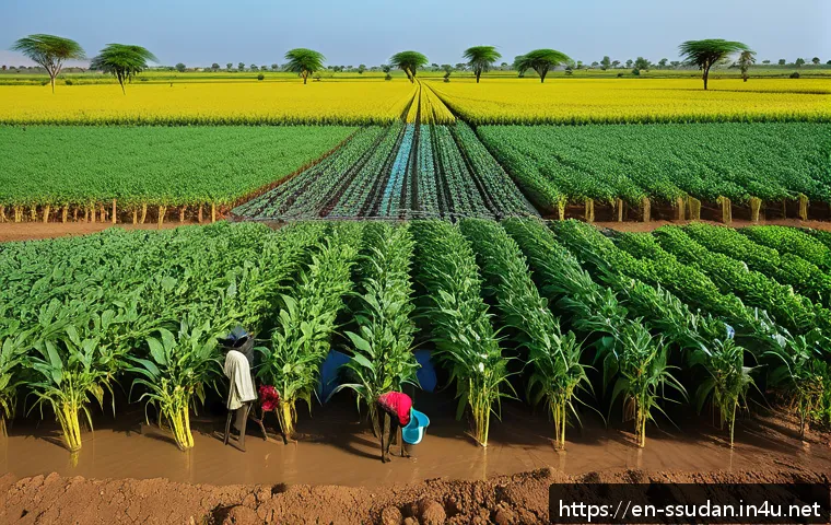 남수단 경제 상황 - A vibrant South Sudanese rural farming scene showcasing small-scale irrigation systems in use: farme...
