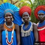 Home 19 남수단 전통 의상 - A vibrant scene of a South Sudanese cultural festival featuring a diverse group of people wearing tr...