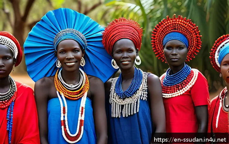 남수단 전통 의상 - A vibrant scene of a South Sudanese cultural festival featuring a diverse group of people wearing tr...