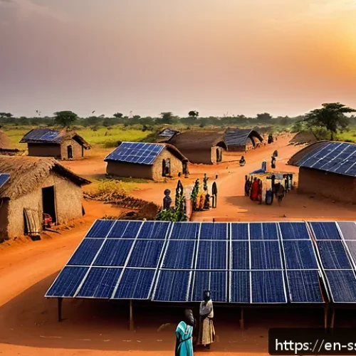 Home 30 남수단의 친환경 에너지 프로젝트 - A vibrant South Sudanese village scene at dusk featuring a solar mini-grid installation with photovo...