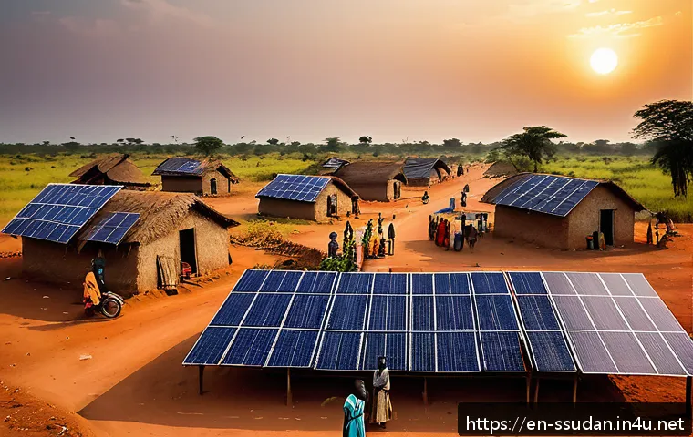 남수단의 친환경 에너지 프로젝트 - A vibrant South Sudanese village scene at dusk featuring a solar mini-grid installation with photovo...