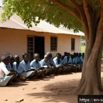 Home 23 남수단 교육 시스템 - A rural South Sudanese school scene showing children sitting on bare dirt floors inside a simple cla...