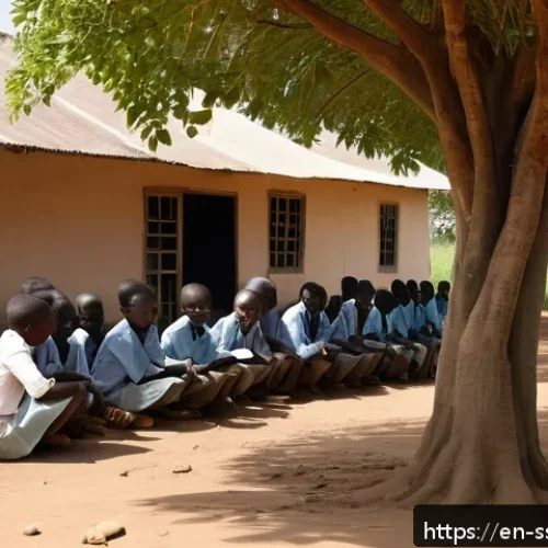 Home 17 남수단 교육 시스템 - A rural South Sudanese school scene showing children sitting on bare dirt floors inside a simple cla...