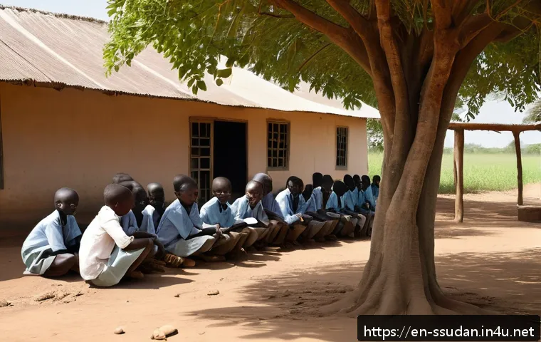 남수단 교육 시스템 - A rural South Sudanese school scene showing children sitting on bare dirt floors inside a simple cla...