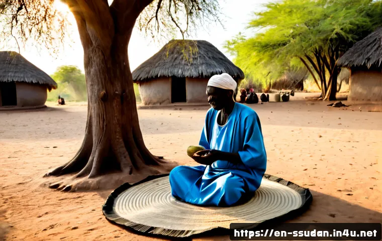 남수단의 치유 의식 - Photorealistic documentary-style scene in rural South Sudan at golden hour, a respected elderly comm...