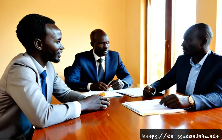 Home 17 남수단의 비즈니스 문화 - Photorealistic business meeting in a modern Juba office, South Sudanese entrepreneurs in smart profe...