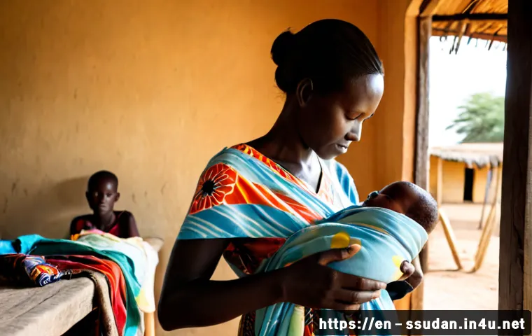 남수단의 출산과 육아 - Photorealistic documentary-style scene of a South Sudanese mother in a modest, sunlit home near Juba...