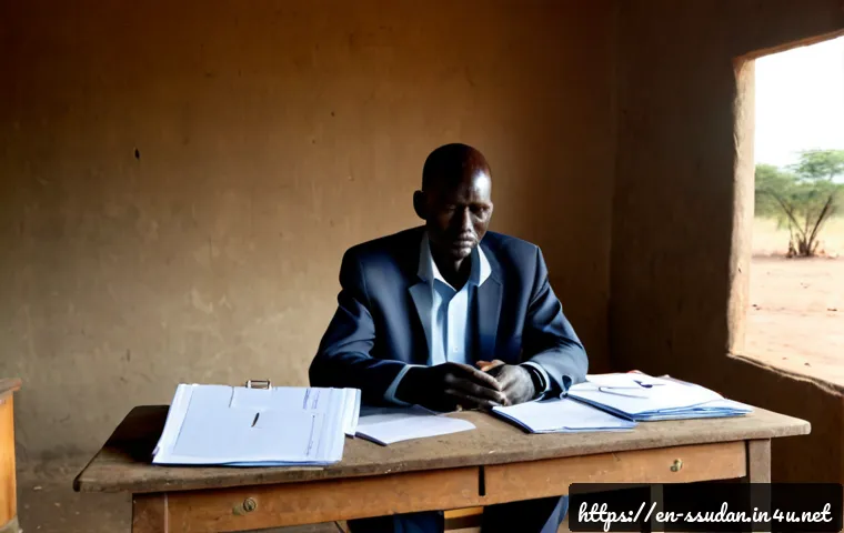 남수단의 전쟁 범죄 기록 - Photorealistic documentary scene in South Sudan: a solemn international human rights investigator se...